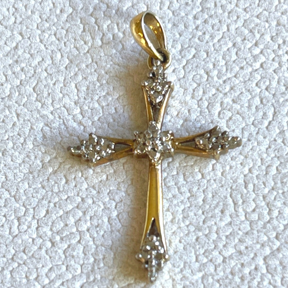 925 Sterling Silver Gold Vermeil Diamond Accent Cross Pendant Signed R China"